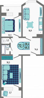 Планировка с размерами 2-комнатной квартиры с номером 91 на 1 этаже, 72.1 кв.м.