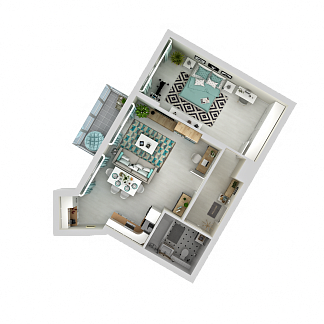 3D планировка 2-комнатной квартиры с номером 261 на 16 этаже, 56.6 кв.м.