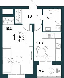 Планировка с размерами 1-комнатной квартиры с номером 5 на 1 этаже, 41.7 кв.м.