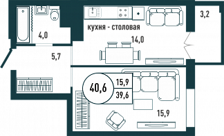 Планировка с размерами 1-комнатной квартиры с номером 187 на 25 этаже, 40.6 кв.м.