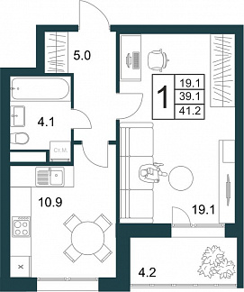 Планировка с размерами 1-комнатной квартиры с номером 144 на 3 этаже, 41.2 кв.м.