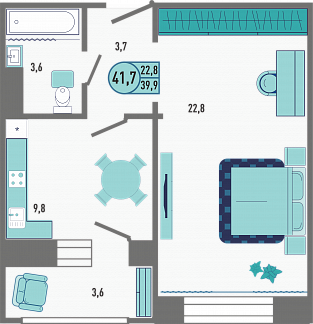 Планировка с размерами 1-комнатной квартиры с номером 152 на 16 этаже, 41.7 кв.м.