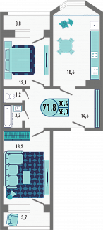 Планировка с размерами 2-комнатной квартиры с номером 94 на 1 этаже, 71.8 кв.м.