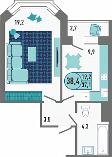 Планировка с размерами 1-комнатной квартиры с номером 240 на 13 этаже, 38.4 кв.м.
