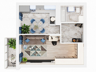 3D планировка 1-комнатной квартиры с номером 158 на 19 этаже, 39.5 кв.м.