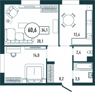 Планировка с размерами 2-комнатной квартиры с номером 1 на 1 этаже, 60.6 кв.м.