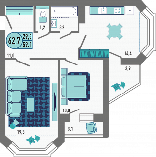 Планировка с размерами 2-комнатной квартиры с номером 2 на 1 этаже, 62.7 кв.м.