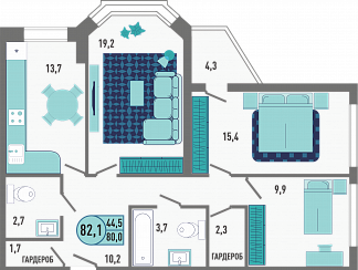 Планировка с размерами 3-комнатной квартиры с номером 76 на 16 этаже, 81.9 кв.м.