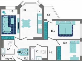 Планировка с размерами 3-комнатной квартиры с номером 1 на 1 этаже, 81.7 кв.м.
