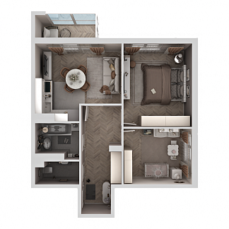 3D планировка 2-комнатной квартиры с номером 9 на 2 этаже, 62.2 кв.м.