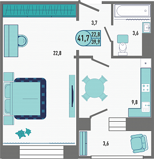 Планировка с размерами 1-комнатной квартиры с номером 161 на 18 этаже, 41.7 кв.м.