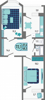Планировка с размерами 2-комнатной квартиры с номером 94 на 1 этаже, 72.1 кв.м.