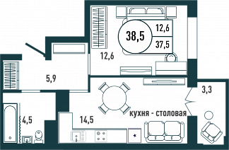 Планировка с размерами 1-комнатной квартиры с номером 50 на 7 этаже, 38.5 кв.м.