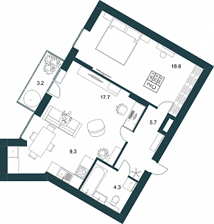 Планировка с размерами 2-комнатной квартиры с номером 261 на 16 этаже, 56.6 кв.м.