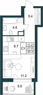 Планировка с размерами 0-комнатной квартиры с номером 180 на 8 этаже, 30.3 кв.м.