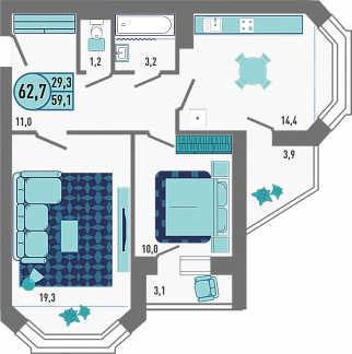 3D планировка 2-комнатной квартиры с номером 47 на 10 этаже, 62.5 кв.м.