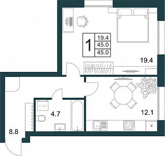 Планировка с размерами 1-комнатной квартиры с номером 2 на 1 этаже, 45 кв.м.