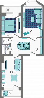 Планировка с размерами 2-комнатной квартиры с номером 5 на 1 этаже, 72.1 кв.м.