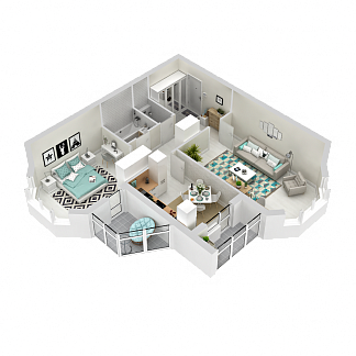 3D планировка 2-комнатной квартиры с номером 77 на 16 этаже, 62.5 кв.м.