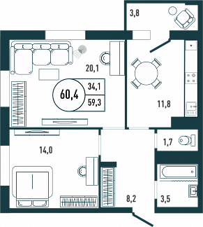 Планировка с размерами 2-комнатной квартиры с номером 32 на 5 этаже, 60.4 кв.м.