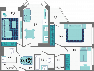 Планировка с размерами 3-комнатной квартиры с номером 6 на 2 этаже, 82 кв.м.