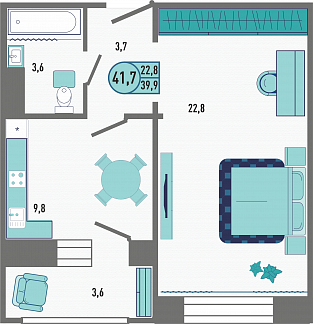 Планировка с размерами 1-комнатной квартиры с номером 254 на 16 этаже, 41.7 кв.м.