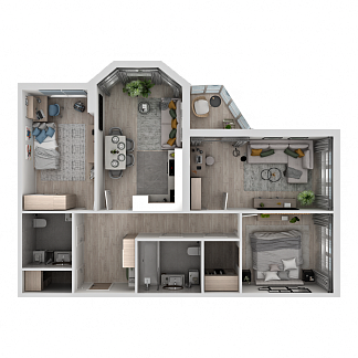 3D планировка 3-комнатной квартиры с номером 6 на 2 этаже, 82 кв.м.