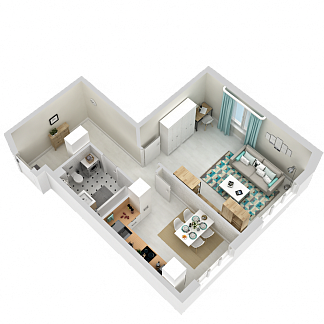 3D планировка 1-комнатной квартиры с номером 2 на 1 этаже, 45 кв.м.