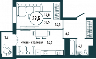 Планировка с размерами 1-комнатной квартиры с номером 167 на 22 этаже, 39.5 кв.м.