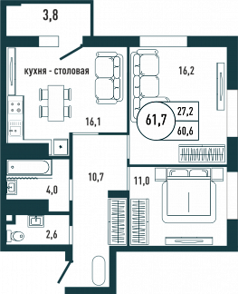 Планировка с размерами 2-комнатной квартиры с номером 193 на 25 этаже, 61.7 кв.м.