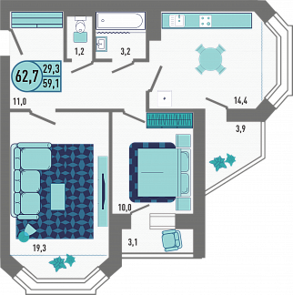 Планировка с размерами 2-комнатной квартиры с номером 17 на 4 этаже, 62.7 кв.м.