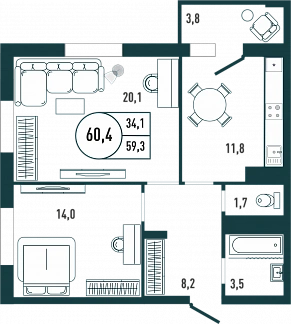 Планировка с размерами 2-комнатной квартиры с номером 32 на 5 этаже, 60.4 кв.м.