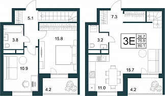 Планировка с размерами 2-комнатной квартиры с номером 263 на 20 этаже, 80.1 кв.м.