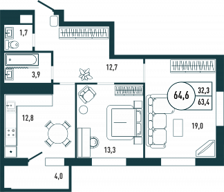 Планировка с размерами 2-комнатной квартиры с номером 76 на 11 этаже, 64.6 кв.м.