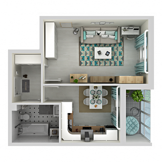 3D планировка 1-комнатной квартиры с номером 4 на 1 этаже, 40 кв.м.