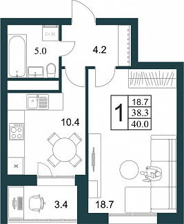 Планировка с размерами 1-комнатной квартиры с номером 4 на 1 этаже, 40 кв.м.