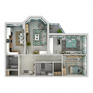 3D планировка 3-комнатной квартиры с номером 76 на 16 этаже, 81.9 кв.м.