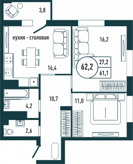 Планировка с размерами 2-комнатной квартиры с номером 9 на 2 этаже, 62.2 кв.м.