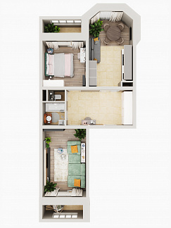 3D планировка 2-комнатной квартиры с номером 5 на 1 этаже, 72.1 кв.м.