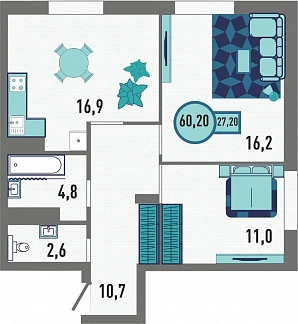 Планировка с размерами 2-комнатной квартиры с номером 120 на 16 этаже, 60.2 кв.м.