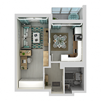 3D планировка 1-комнатной квартиры с номером 281 на 18 этаже, 38.8 кв.м.