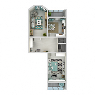 3D планировка 2-комнатной квартиры с номером 94 на 1 этаже, 72.1 кв.м.