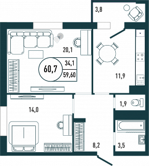Планировка с размерами 2-комнатной квартиры с номером 16 на 3 этаже, 60.7 кв.м.