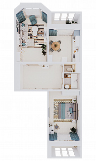 3D планировка 2-комнатной квартиры с номером 163 на 1 этаже, 72.1 кв.м.