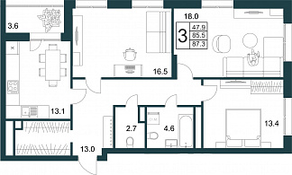 Планировка с размерами 3-комнатной квартиры с номером 119 на 20 этаже, 87.3 кв.м.
