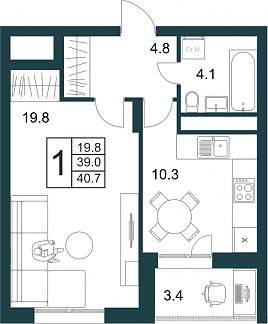 Планировка с размерами 1-комнатной квартиры с номером 68 на 11 этаже, 40.7 кв.м.
