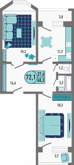 Планировка с размерами 2-комнатной квартиры с номером 163 на 1 этаже, 72.1 кв.м.