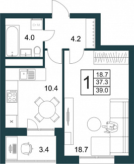 Планировка с размерами 1-комнатной квартиры с номером 49 на 8 этаже, 39 кв.м.
