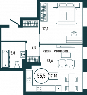 Планировка с размерами 1-комнатной квартиры с номером 3 на 1 этаже, 55.5 кв.м.