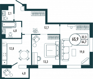 Планировка с размерами 2-комнатной квартиры с номером 12 на 3 этаже, 65.9 кв.м.